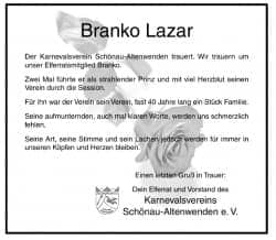 Nachruf Branko Lazar KV Schönau-Altenwenden e.V.